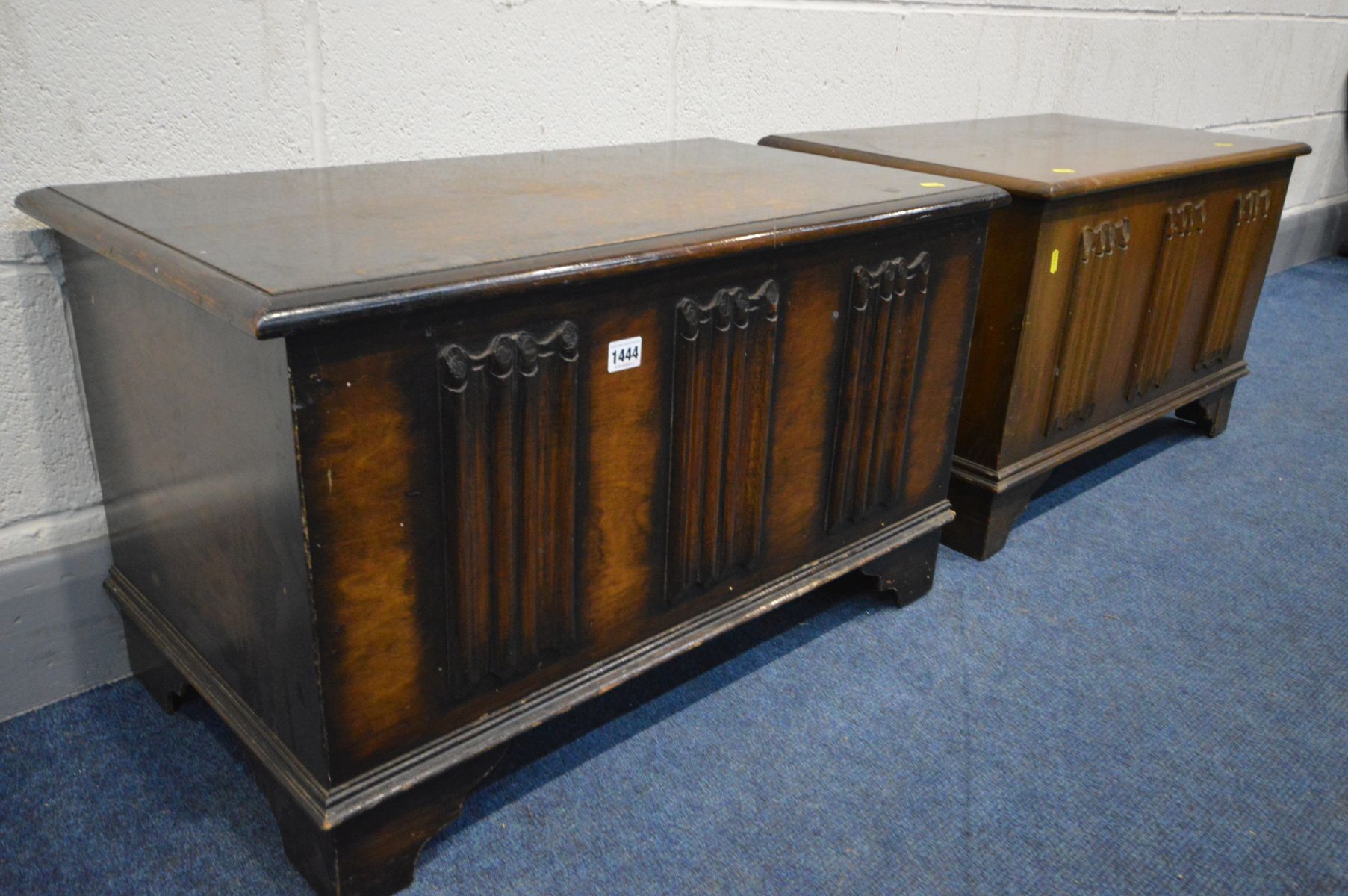 TWO MATCHING OAK LINENFOLD BLANKET CHESTS, width 74cm x depth 42cm x height 45cm (condition - - Image 2 of 2
