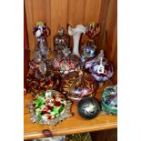A GROUP OF COLOURED GLASSWARES ETC, to include splatter/multicoloured glass covered bon-bon dishes/