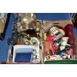 TWO BOXES AND LOOSES METAL WARES, PICTURES, SEWING MACHINE, ETC, to include Philips Philishave