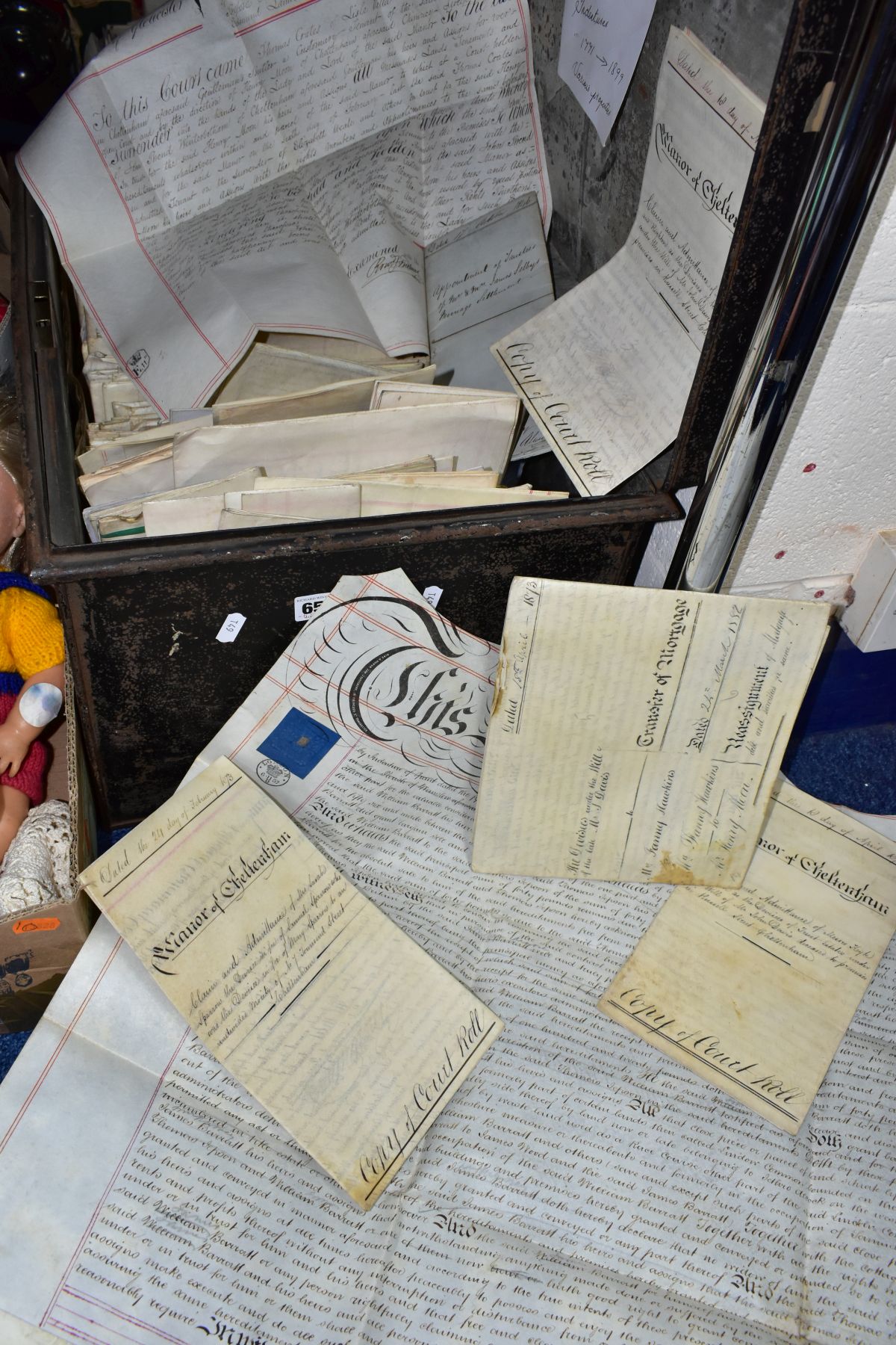 INDENTURES, a collection of 140 -150 Documents in a metal trunk comprising Mortgages, Conveyances,