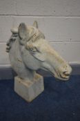 A CAST IRON HORSE HEAD, on a square tapered plinth