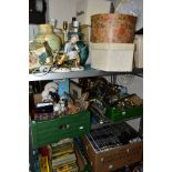 FIVE BOXES AND LOOSE SUNDRY ITEMS, LAMPS, PICTURES, BOOKS, HATS etc, to include a Zenit EM MOSHVA 80