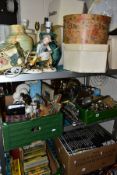 FIVE BOXES AND LOOSE SUNDRY ITEMS, LAMPS, PICTURES, BOOKS, HATS etc, to include a Zenit EM MOSHVA 80