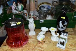 A BOX AND LOOSE CERAMIC AND GLASS WARES, to include a Belleek owl height 13.5cm, pair of Royal