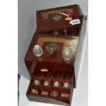 A VICTORIAN MAHOGANY CASED APOTHECARY'S BOX OF RECTANGULAR FORM, the two sliding lids fitted with