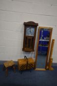 AN EARLY 20TH CENTURY OAK WALL CLOCK, along with a cantilever sewing box, a milking stool and a pine