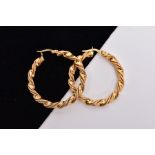A PAIR OF 9CT GOLD HOOP EARRINGS, of twist design, 9ct hallmark, length 40mm, approximate gross