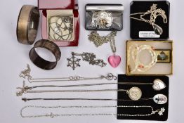 A SELECTION OF SILVER AND WHITE METAL ITEMS, to include a single silver napkin ring, engraved