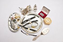 A BOX OF ASSORTED ITEMS, to include a white metal circular tray, a white metal oval tray, a silver-