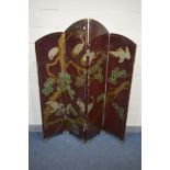 AN ORIENTAL RED LAQUERED FOUR FOLDING SCREEN, with chinoiserie decoration including four herons,