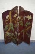 AN ORIENTAL RED LAQUERED FOUR FOLDING SCREEN, with chinoiserie decoration including four herons,