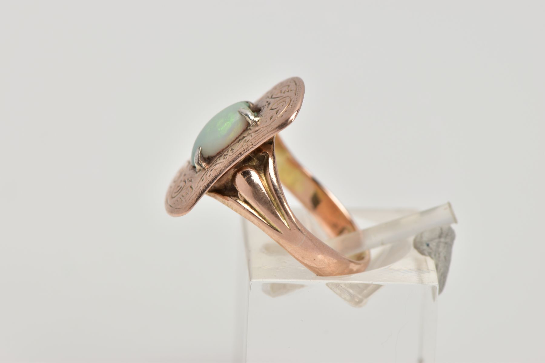 AN EARLY 20TH CENTURY 9CT GOLD OPAL RING, the head of the ring of a rounded rectangular shape with - Image 2 of 4