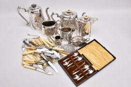 A BOX OF MAINLY SILVER PLATED WARE, to include a pair of late Victorian silver sugar tongs, a late