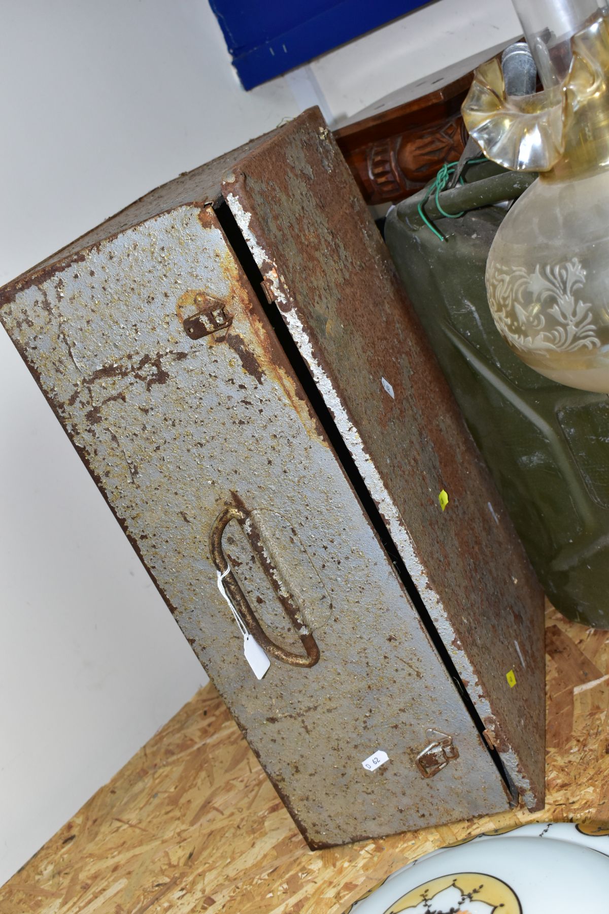 SEVEN ITEMS, comprising a pair of wooden column pedestals, military marked petrol can, two oil - Image 9 of 9