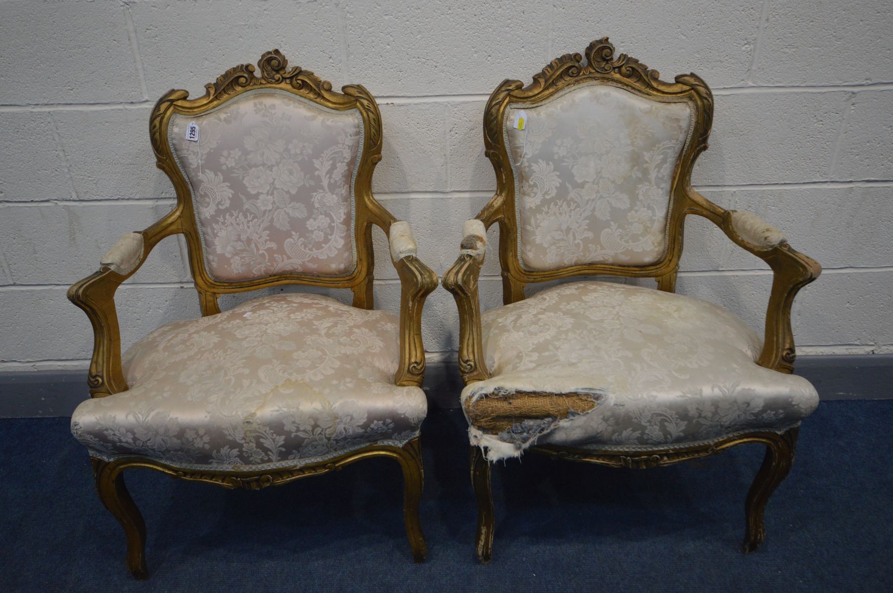 A PAIR OF LOUIS XVI STYLE GILTWOOD OPEN ARMCHAIRS (condition - ideal for restoration)