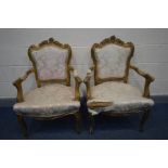 A PAIR OF LOUIS XVI STYLE GILTWOOD OPEN ARMCHAIRS (condition - ideal for restoration)