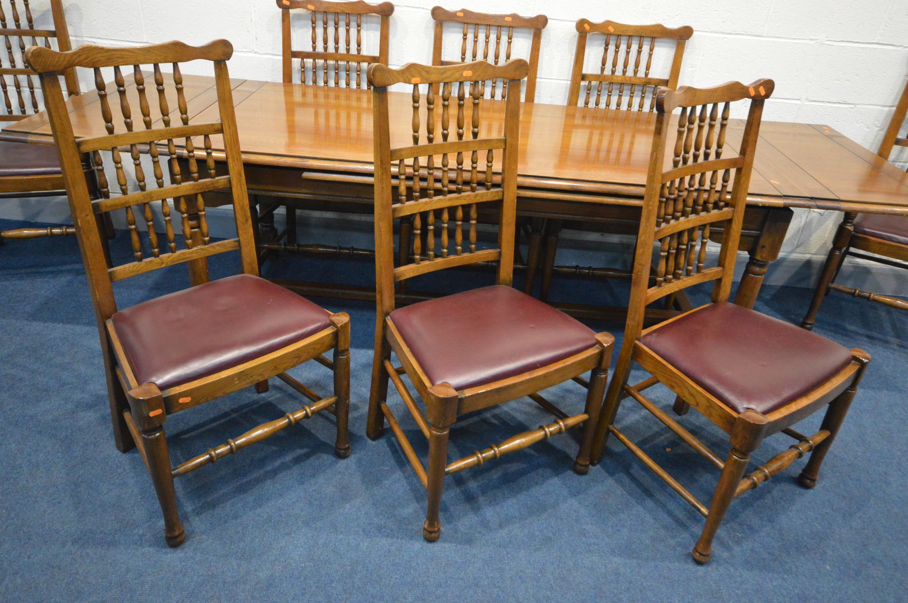 A GOOD REPRODUCTION OAK DRAW LEAF REFECTORY TABLE, on turned legs united by a single stretcher, - Image 3 of 6