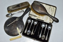 A SELECTION OF SILVER ITEMS, to include a cased set of six silver Hanoverian teaspoons, each