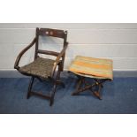 A MAHOGANY AND INLAID FOLDING CAMPAIGN CHAIR, along with folding campaign stool, with turned
