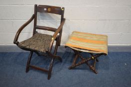 A MAHOGANY AND INLAID FOLDING CAMPAIGN CHAIR, along with folding campaign stool, with turned