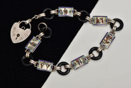 A WHITE METAL GUILLOCHE ENAMEL BRACELET, designed with six rectangular white metal inks, decorated