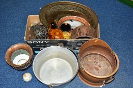 A BOX AND LOOSE CERAMICS AND METALWARES, to include three brass chargers (largest diameter 45.5cm,