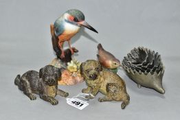 A GROUP OF FIVE ANIMAL AND BIRD FIGURINES, comprising two cold painted bronze models of puppies,