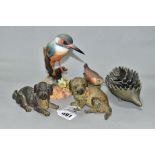 A GROUP OF FIVE ANIMAL AND BIRD FIGURINES, comprising two cold painted bronze models of puppies,