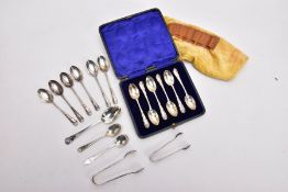 A SELECTION OF SILVER TEASPOONS AND SUGAR TONGS, to include a cased set of six teaspoons, each