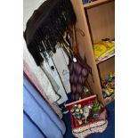 VARIOUS WALKING STICKS, SILVER HANDLED UMBRELLA, PARASOL, SEWING BASKET, ETC, to include a cast