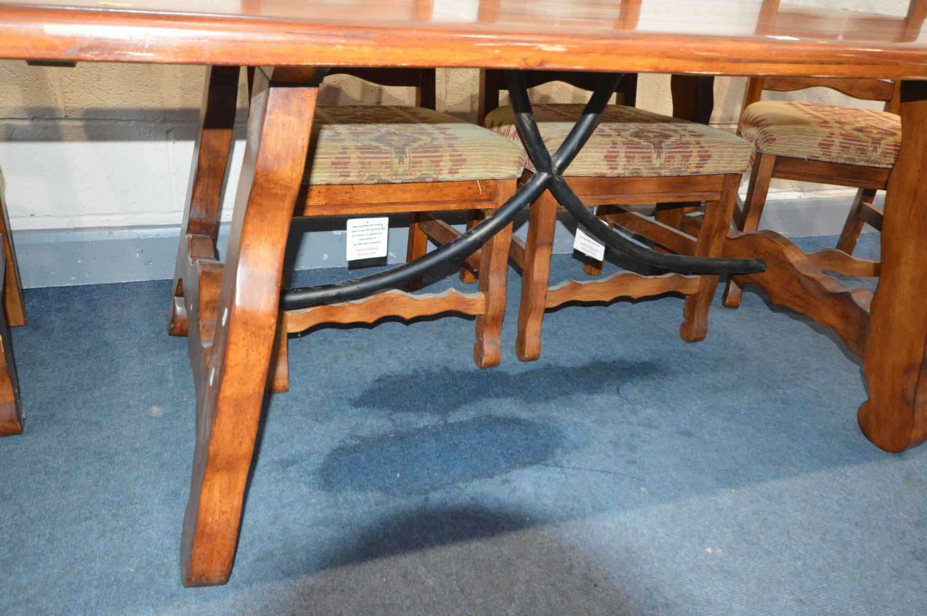 A THEODORE ALEXANDER STYLE FRUITWOOD REFRECTORY TABLE, on an ornate base united by metal stretchers, - Image 4 of 6