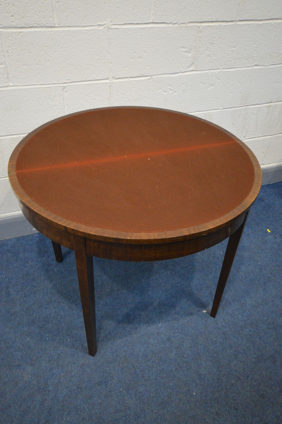 A GEORGIAN STYLE MAHOGANY DEMI LUNE CARD TABLE, with a fold over top, open diameter 96cm x height - Image 2 of 2