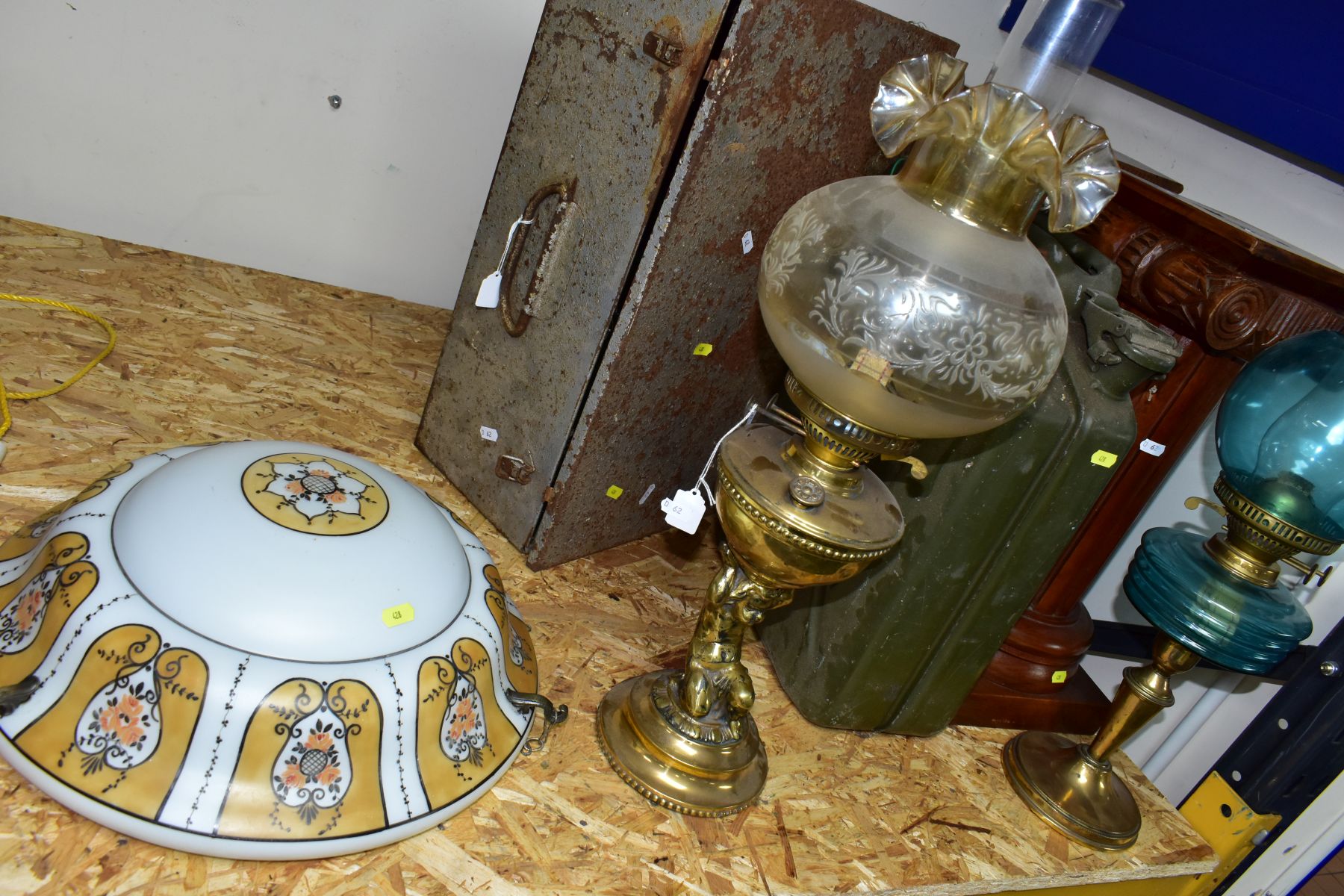 SEVEN ITEMS, comprising a pair of wooden column pedestals, military marked petrol can, two oil - Image 7 of 9