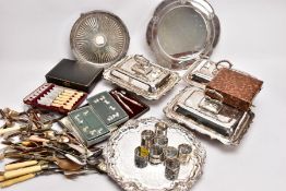 A BOX OF ASSORTED WHITE METAL ITEMS, to include three rectangular entrée dishes with covers, a cased