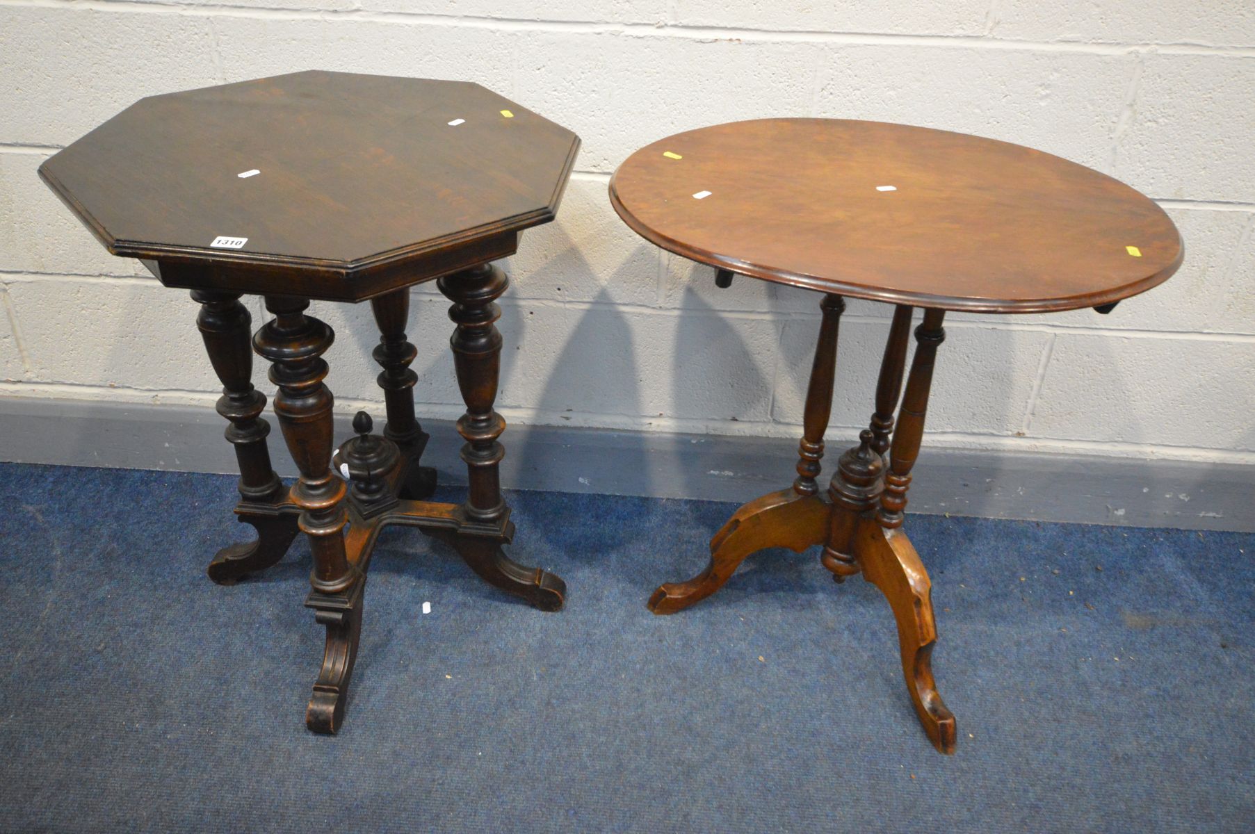 A LATE VICTORIAN OCTAGONAL CENTRE TABLE, along with an oval tilt top tripod table (2)