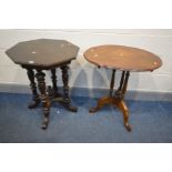 A LATE VICTORIAN OCTAGONAL CENTRE TABLE, along with an oval tilt top tripod table (2)
