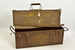 TWO WWII/POST WWII ERA AMMUNITION GEAR BOXES, with descriptions there on, one is all metal, the