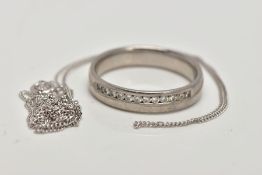 A WHITE METAL DIAMOND RING AND A WHITE METAL CHAIN, plain polished band with a row of round