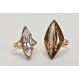 TWO 9CT GOLD DRESS RINGS, the first designed with a marquise shape smokey quartz within a four