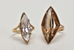 TWO 9CT GOLD DRESS RINGS, the first designed with a marquise shape smokey quartz within a four