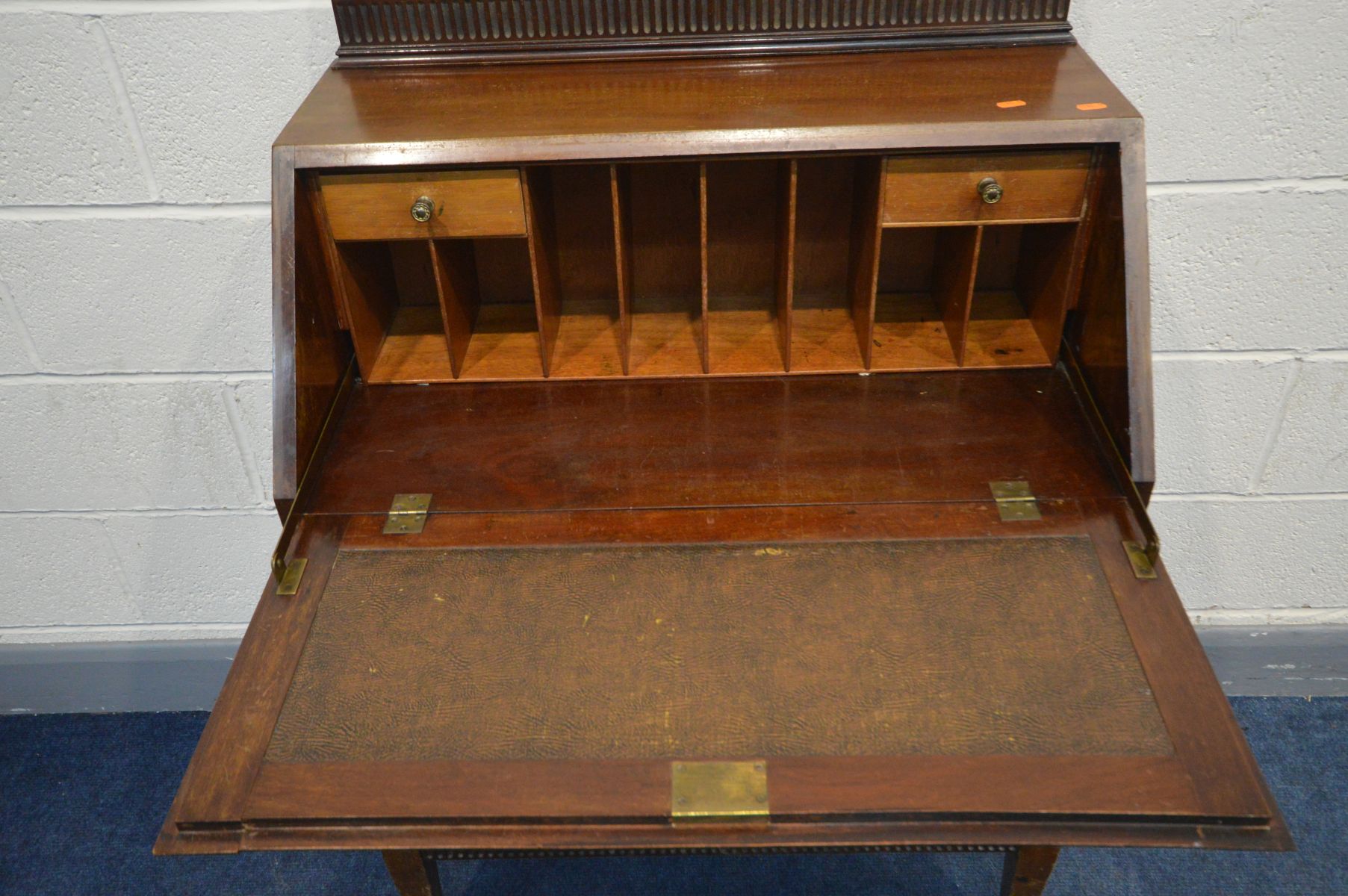 AN EDWARDIAN MAHOGANY FALL FRONT BUREAU, with a fitted interior, and three drawers, on square - Image 3 of 3