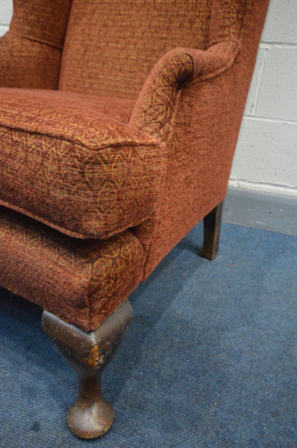 A GEORGIAN STYLE RED UPHOLSTERED WING BACK ARMCHAIR, on padded front feet, width 80cm x depth 92cm x - Image 3 of 3