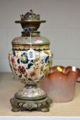 A LATE VICTORIAN MESSENGERS PATENT DUPLEX OIL LAMP AND SHADE, ceramic and brass base with floral