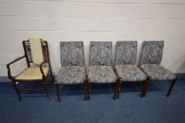 AN EDWARDIAN MAHOGANY AND STRUNG INLAID ELBOW CHAIR, along with a set of four dining chairs (5)