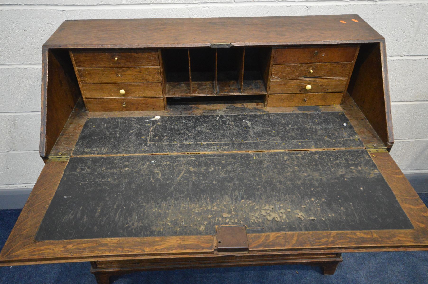 A GEORGIAN OAK BUREAU, with a fitted interior, above four drawers, on bracket feet, width 107cm x - Image 3 of 5