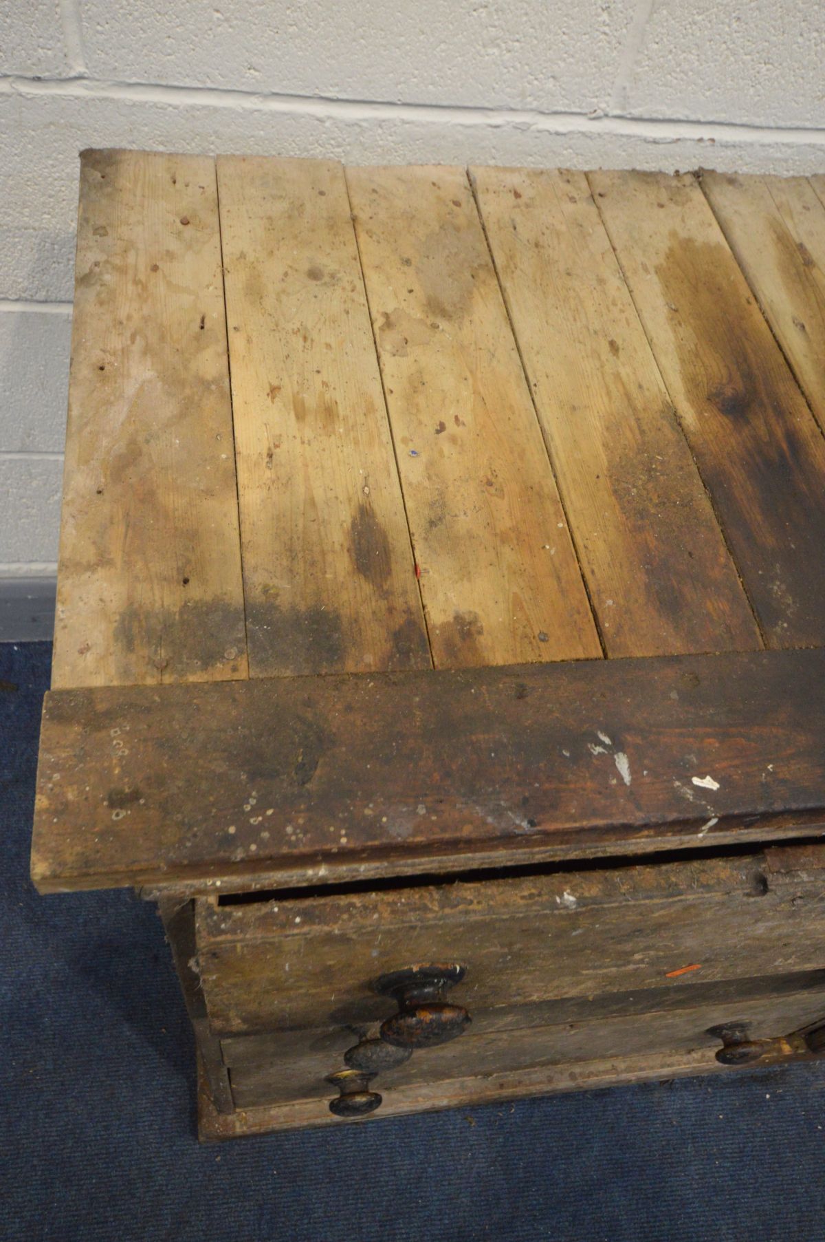 A 19TH CENTURY PINE SHOP COUNTER, made up of six assorted drawers, central panelled cupboard door, - Image 3 of 5