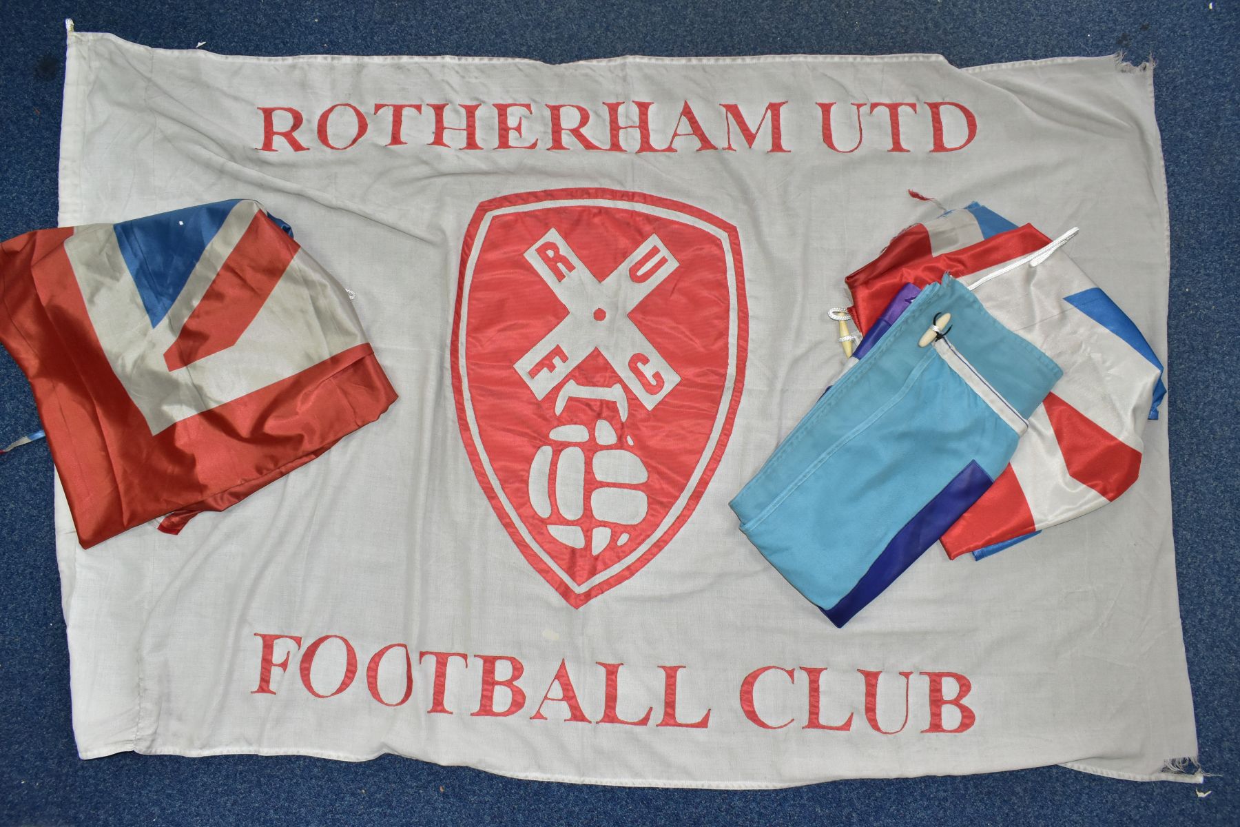 FLAGS, four Cloth Flags, one Rotherham United FC, 69' x 44' approximate, a One2One flag (Rotherham
