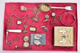 A SELECTION OF SILVER AND WHITE METAL ITEMS, to include a Victorian silver berry spoon, gilt bowl