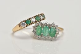 TWO 9CT GOLD EMERALD AND CUBIC ZIRCONIA RINGS, the first designed as a row of three oval cut