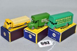 THREE BOXED MATCHBOX 1-75 SERIES VEHICLES, Bedford Removals Van, No. 17, second type dark green